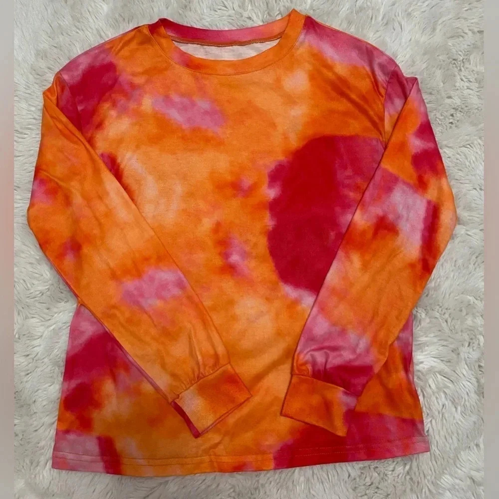 Women’s orange and red long sleeve tie dye sweatshirt size small from Amazon